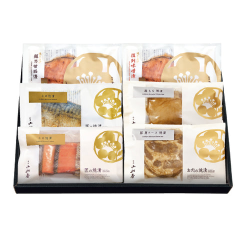小川屋|「6種セット」手間なし味くらべ(匠の焼漬さけ、匠の焼漬さば、お肉の焼漬 豚肩ロース、お肉の焼漬 鶏もも、焼き上げ越乃甘粕漬さけ、焼き上げ復刻味噌漬さけ×各1袋)