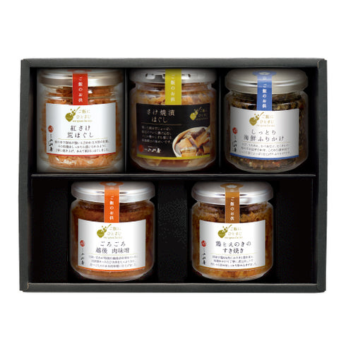 小川屋|「ミックス/5種セット」ご飯にひとさじ詰合せ(ごろごろ越後肉味噌×1瓶、鶏とえのきのすき焼き×1瓶、しっとり海鮮ふりかけ×1瓶、紅さけ荒ほぐし×1瓶、さけ焼漬ほぐし×1瓶)