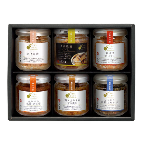 小川屋|「ミックス茶漬入り/6種セット」ご飯にひとさじ詰合せ(ごろごろ越後肉味噌×1瓶、鶏とえのきのすき焼き×1瓶、しっとり海鮮ふりかけ×1瓶、さけ焼漬ほぐし×1瓶、さけ茶漬×1瓶、紅さけ荒ほぐし×1瓶)