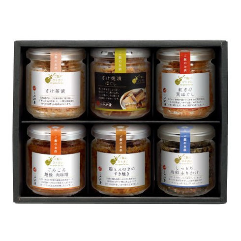 小川屋|「ミックス茶漬入り/6種セット」ご飯にひとさじ詰合せ(ごろごろ越後肉味噌×1瓶、鶏とえのきのすき焼き×1瓶、しっとり海鮮ふりかけ×1瓶、さけ焼漬ほぐし×1瓶、さけ茶漬×1瓶、紅さけ荒ほぐし×1瓶)