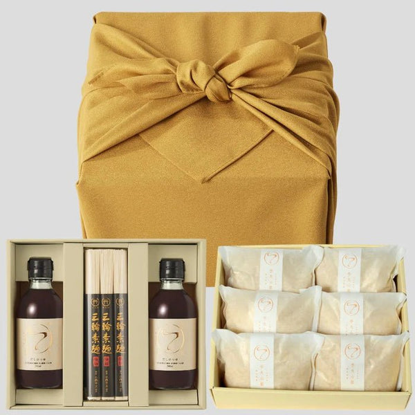 手火山家|別注 ⼿延べ素麺セット&いしざか農園 南⿂沼産「しおざわ こしひかり」【贈答⽤】<⾵呂敷包装/組合せギフト>