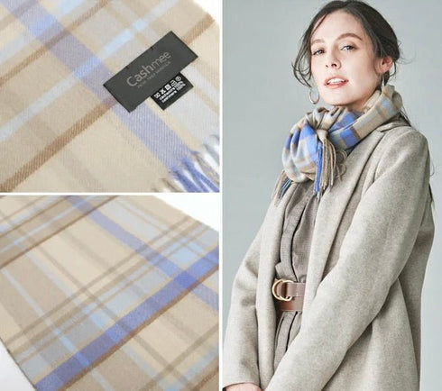 Cashmee|カシミヤ100% ロングマフラータータンチェック ウェーブ メディシブルーローレンス
