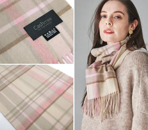 Cashmee|カシミヤ100% ロングマフラータータンチェック ウェーブ オペラモーヴローレンス