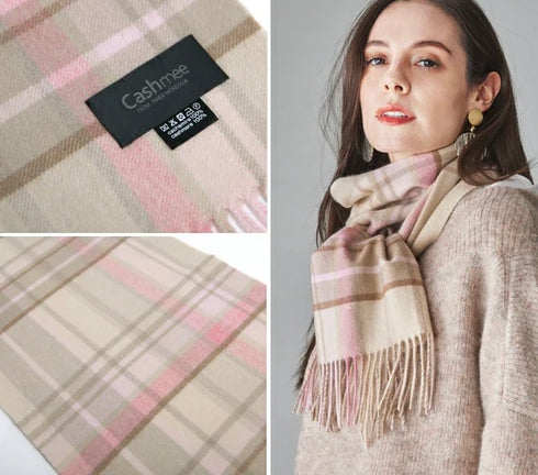 Cashmee|カシミヤ100% ロングマフラータータンチェック ウェーブ オペラモーヴローレンス