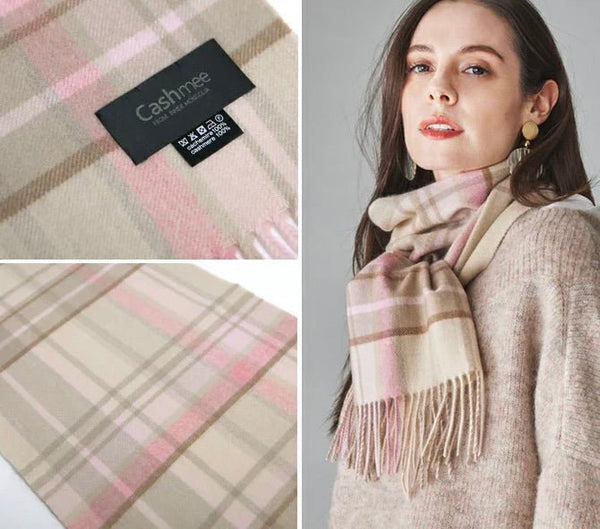 Cashmee|カシミヤ100% ロングマフラータータンチェック ウェーブ オペラモーヴローレンス