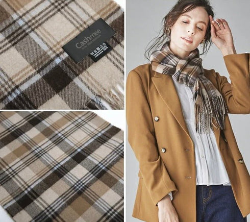 Cashmee|カシミヤ100% ロングマフラータータンチェック ウェーブ サンドセビアマレット