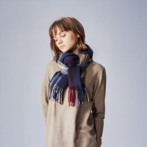Cashmee|カシミヤ100% 大判ストール チェック柄 nouvelle lune ネイビーパネルチェック01