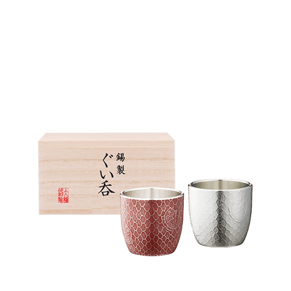 大阪錫器|ぐい呑み 鯛網 白・朱ペア