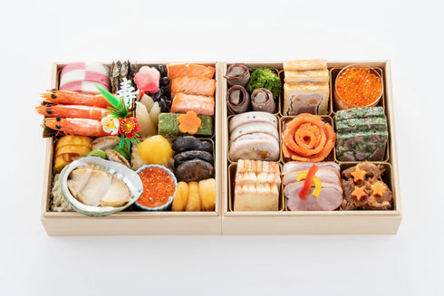 【予約商品/12月30日お届け】美食良菜|糖質に配慮和洋二段重 おもちつき 3人前 32品目