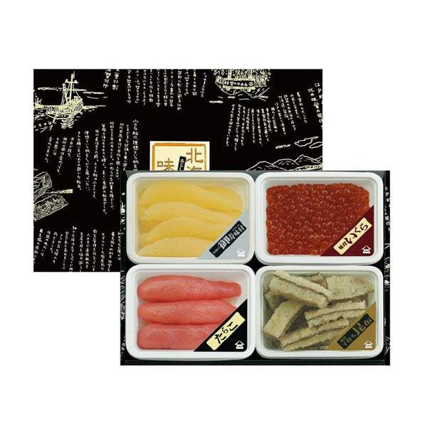 井原水産｜北海味栞 100g 4品【数の子・いくら・子持ち昆布・たらこ】箱入