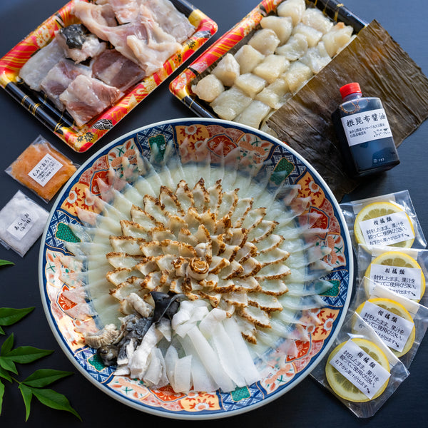 成城ふぐアトリエ ｜ふぐ刺身二種盛り合わせ・半生で食べる昆布締めちり