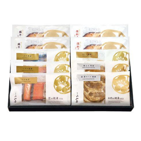小川屋／おがわや｜「8種セット」手間なし味くらべ（匠の焼漬さけ、匠の焼漬ハラス、匠の焼漬ぶり、匠の焼漬ほたて、お肉の焼漬 豚肩ロース、お肉の焼漬 鶏もも×各1袋、焼き上げ復刻味噌漬銀だら、焼き上げ越乃甘粕漬銀だら×各2袋）